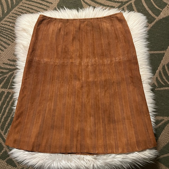 Vintage Dresses & Skirts - Brown Suede Leather Seamed Midi Vintage Skirt 90s